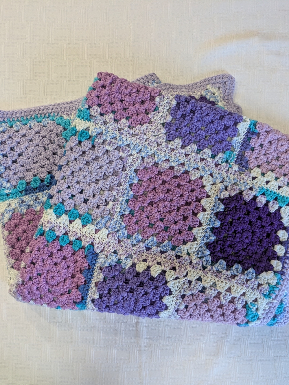 Handmade Crochet Granny Square Blanket - Purple, Lavender & Teal Throw 38" x 69
